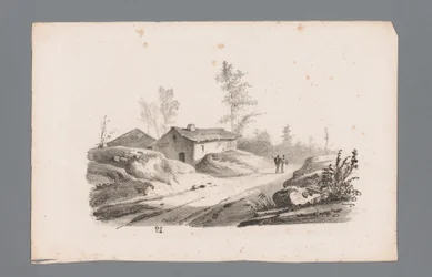 Heuvellandschaft mit Landweg und Häusern (Beginselen van landschappen)