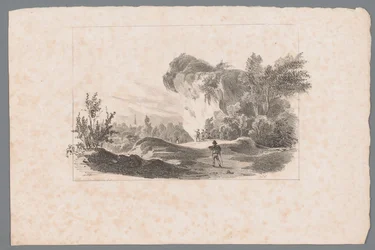 Landschaft mit Figuren bei einem Felsen