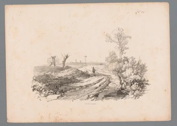 Landschaft mit Figur mit Spazierstock auf einem Landweg