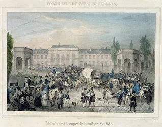 Porte de Louvain, Brüssel: Der Rückzug der niederländischen Truppen, 27. September 1830, graviert von Dewasme-Pletinckx