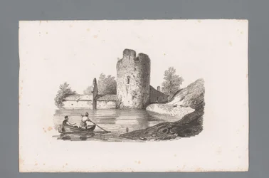 Zwei Figuren in einem Boot bei einer Ruine