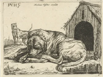 Liegender Hund an einer Kette