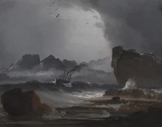 Raue See mit einem Dampfer nahe der Küste Norwegens