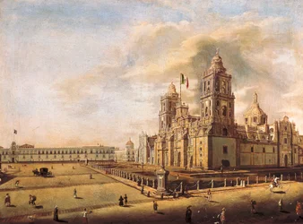 „Die Metropolitankathedrale und der Nationalpalast in Mexiko-Stadt“. (1809-1857), um 1840, Nationalmuseum für Geschichte, Mexiko-Stadt, Mexiko