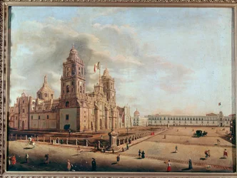Ansicht der Metropolitankathedrale und des Nationalpalasts, Mexiko-Stadt, Mexiko. Gemälde von Pedro Gualdi (1809-1857), Mexiko-Stadt, Nationalmuseum für Geschichte, Schloss Chapultepec