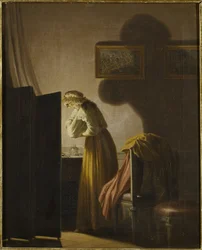 Eine Frau fängt Flöhe bei Kerzenlicht