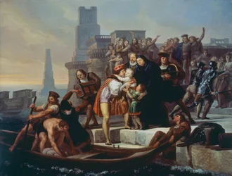 Christoph Kolumbus verlässt den Hafen von Palos de la Frontera und empfiehlt seine Söhne Pater Giovanni Perez (1492)