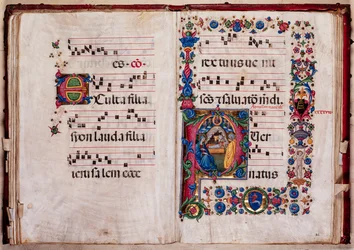 Piccolomini-Bibliothek: Chorbuch, cod. 102.8, ff. 47v-48r mit „Geburt Christi“