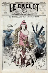 Eine der „Die Glocke“ darstellend eine Allegorie der Nationalhymne „La Marseillaise“ voranschreitend, während die Adligen ihre Ohren verstopfen und fliehen. Illustration von Pepin. 10/02/1878. Private Sammlung