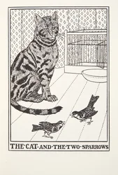Die Katze und die zwei Spatzen, aus Fontaine Fabeln, veröffentlicht 1905