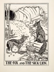 Der Fuchs und der kranke Löwe, aus Hundert Fabeln von Äsop, veröffentlicht 1903 (Gravur)
