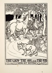 Der Löwe, der Esel und der Fuchs auf der Jagd, aus Hundert Fabeln von Äsop, veröffentlicht 1903 (Gravur)