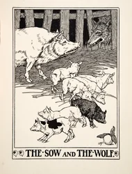 Die Sau und der Wolf, aus Hundert Fabeln von Äsop, veröffentlicht 1903 (Gravur)
