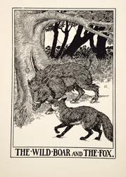 Das Wildschwein und der Fuchs, aus Hundert Fabeln von Aesop, veröffentlicht 1903
