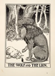 Der Wolf und der Löwe, aus Hundert Fabeln von Äsop, veröffentlicht 1903 (Gravur)
