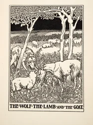 Der Wolf, das Lamm und die Ziege, aus Hundert Fabeln von Äsop, veröffentlicht 1903 (Gravur)
