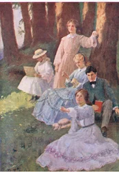 Jo zeigte, und Laurie stellte sich auf, um zu untersuchen, aus Little Women, veröffentlicht von Associated Newspapers Limited, um 1940