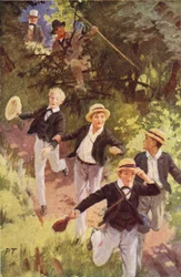 Die Verfolger holen schrecklich auf (Farblithografie)