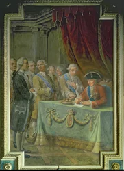 Karl III. (1716-88) unterzeichnet das Dekret zur Genehmigung des Handels mit Asien und den Philippinen