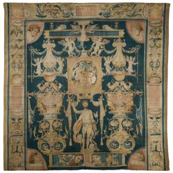 Allegorischer Wandteppich, der Neptun aus der Serie Doria Grotesken darstellt, mit einem zentralen figürlichen Rundel über Poseidon, Brüssel, ca. 1545-50