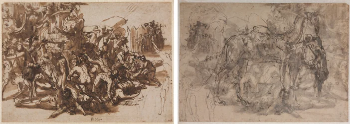 Poros von der makedonischen Armee angegriffen (recto); Tierskizzen (verso)
