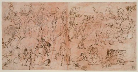 Studien von Kriegern, Reitern und Löwen (recto); Studien von Köpfen und nackten Figuren, Deckenplan und Inschriften (verso)