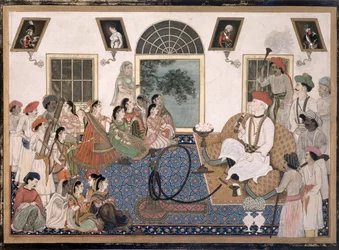 Ein Europäer, wahrscheinlich Sir David Ochterlony (1758-1825), in indischer Kleidung, raucht eine Wasserpfeife und beobachtet einen Nautch in seinem Haus in Delhi, c.1820