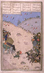 Bahram Chubina, sein Elefant getötet, kämpft zu Fuß, Illustration aus dem Shahnama (Buch der Könige) von Abul-Qasim Manur Firdawsi (ca. 934-ca. 1020) ca. 1440-45