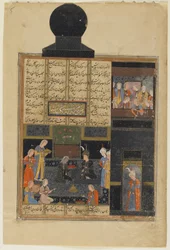 Bahram Gur und die Prinzessin im Schwarzen Pavillon aus einer Khamsa (Quintett) von Nizami, um 1550