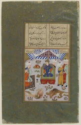 Bahram Gur auf dem Thron nach dem Töten der Löwen