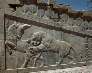 Kampf zwischen einem Stier und einem Löwen - Reliefs der östlichen Treppe der Apadana, 6. Jahrhundert v. Chr.