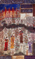 Erstes Treffen von Prinz Houmay und Prinzessin Houmayoun von China. Miniatur aus einem Gedicht von Kuradjou Kirmani, realisiert von der Schule von Herat, um 1430. Iran. Kunstgewerbemuseum, Paris