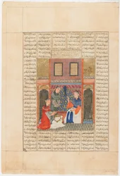 Folio aus einem Shahnama (Buch der Könige) von Firdawsi; Recto: Sandukht wird sich Rudabas Handlungen bewusst, Tabriz, Iran, Il-Khanid-Periode, um 1330-40