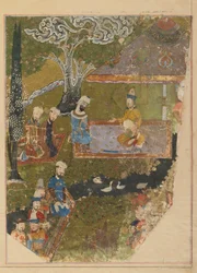 Seite aus einem Zafarnama; verso: Timur gewährt eine Audienz anlässlich seiner Thronbesteigung in Balkh, Schiras, Iran, Timuridenzeit