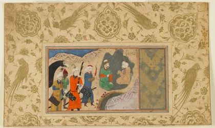 Seite aus einem unidentifizierten Text; Iskandar (?) besucht einen Einsiedler, Iran, ca. 1500