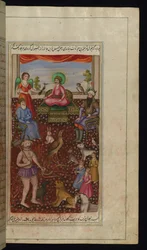 König Salomo in Begleitung eines Engels, seiner Höflinge, Tiere, Vögel und eines Dämons aus Lichter von Canopus