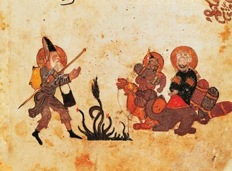 Ms Ar 3929 f.69, Abu Zayd verlässt al-Harith während der Pilgerreise nach Nordirak, aus Al Maqamat, (Die Treffen), illustriert von Hariri, zweites Viertel des 13. Jahrhunderts