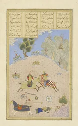 Gustaham, nachdem er Farshidvard getötet hat, tötet Lahhak, Illustration aus dem Shahnama (Buch der Könige), von Abul-Qasim Mansur Firdawsi (ca. 934-ca. 1020), 1444