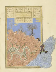 Gushtasp tötet den Drachen, Illustration aus dem Shahnama (Buch der Könige), von Abul-Qasim Mansur Firdawsi (ca. 934-ca. 1020), 1444