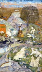 Persische Miniatur des 17. Jahrhunderts, die die Schöpfung der Welt darstellt: Mann und Frau sind in der Nähe des Lebensbaums dargestellt, ebenso wie alle Tiere. Zoroastrismus: Religion von Zarathustra (Zarathustra, Zarathushtra, Zarathustra oder Zoroastra