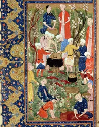 Zubereitung einer Mahlzeit, Illustration aus einem Epos von Hafiz Shirazi, Safavid