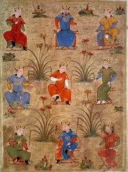 Darstellung der Neffen von Dschingis Khan. Persische Miniatur aus „Jami al-tawarikh“ (Jami al tawarikh) oder „Weltgeschichte“ von Historiker Rashid al-din (al din) (1247-1318) um 1430. Paris, B.N.