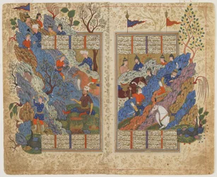 Rustam stößt den Felsen zurück, der von Bahman auf ihn gerollt wurde, aus einem Shahnama (Buch der Könige), ca. 1590-1600