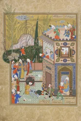 Der wankelmütige alte Liebhaber wird vom Dach gestoßen, Folio aus einem Haft Awrang (Sieben Throne) von Jami (gest. 1492), wahrscheinlich Mashad, Khurasan, Iran, Safawiden-Dynastie, 1556-1565