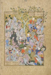 Der Pir lehnt die als Geschenke gebrachten Enten ab, Folio aus einem Haft Awrang (Sieben Throne) von Jami (gest. 1492), wahrscheinlich Mashad, Khurasan, Iran, Safawiden-Dynastie, 1556-1565