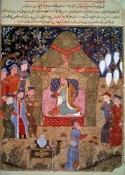 Der Hof des mongolischen Kaisers Dschingis Khan (1162-1227), Darstellung aus dem persischen Miniaturenzentrum aus dem „Dschami at-tawarich“ (Dschami at-tawarich) (oder Universalgeschichte) des Historikers Raschid ad-Din (1247-1318), ungefähr 1430. Paris