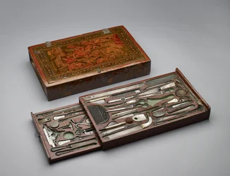 Werkzeugkasten, der die Heilige Familie darstellt, ca. 1830 (Mischtechnik)