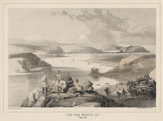 Blick von Webster Island, Yedo Bay, Lithographie von Sarony und Co., 1855