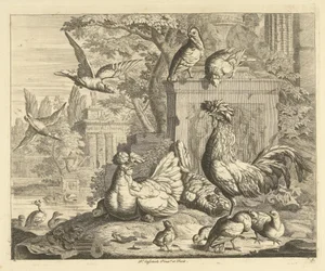 Hahn, Henne mit Küken und andere Vögel in einem Garten mit antiken Ruinen