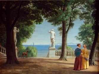 Blick auf Kullen von einer Gartenterrasse mit Statuen